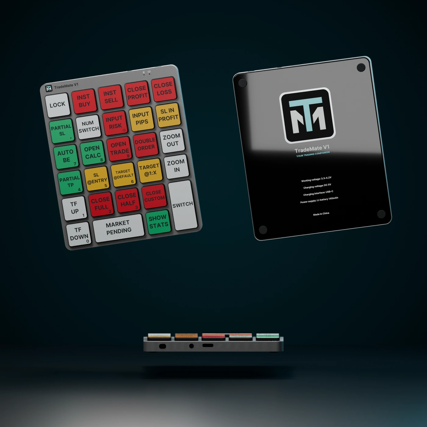 Cinematic front, USB-C side and branded rear views of the Trade Mate V1 keypad