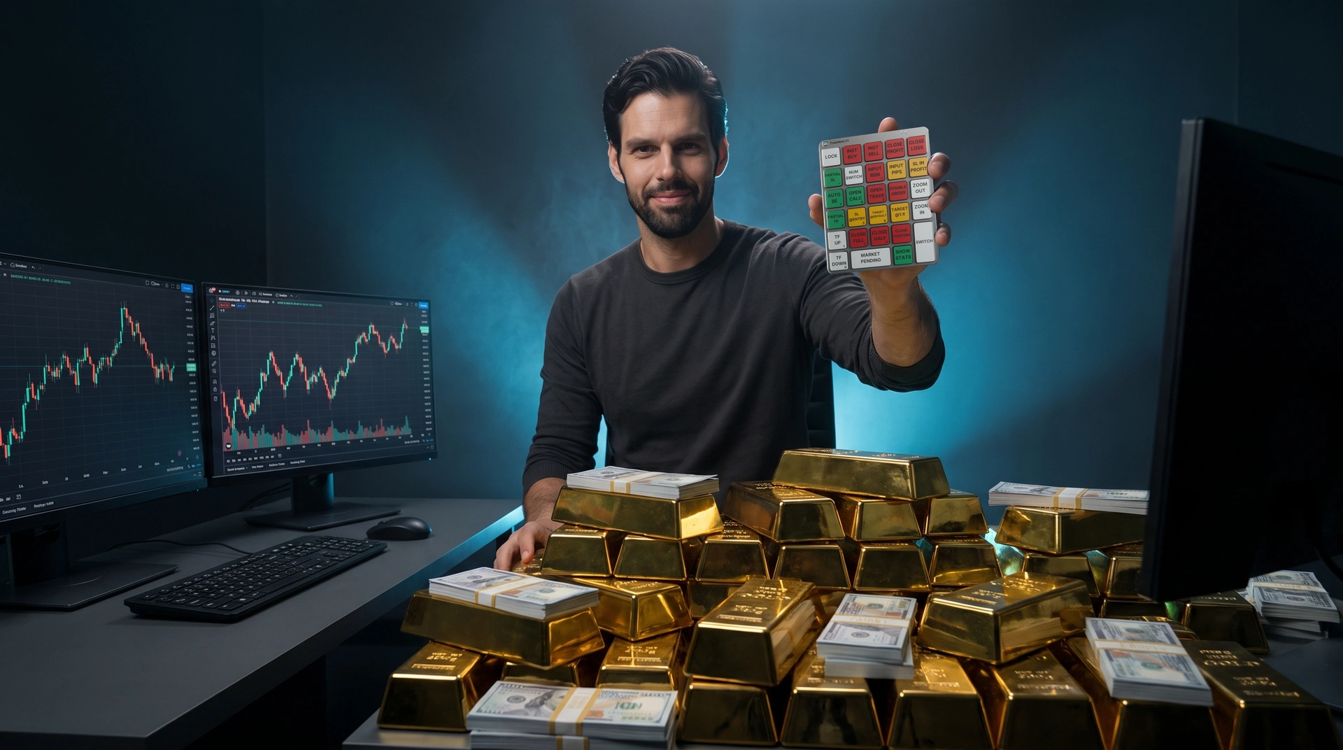 Trader holding the Trade Mate V1 keypad beside trading monitors, with the exact product key layout